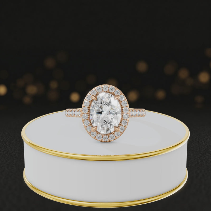 360° video of an Oval Cut Halo Lab-Grown Diamond Engagement Ring in 18kt Rose Gold featuring an oval-cut centre diamond, sparkling diamond halo and diamond-set shoulders.