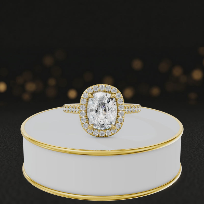 360° video of a Cushion Cut Halo Lab-Grown Diamond Engagement Ring in 18kt Yellow Gold featuring a cushion-cut centre diamond, sparkling diamond halo and diamond-set shoulders.