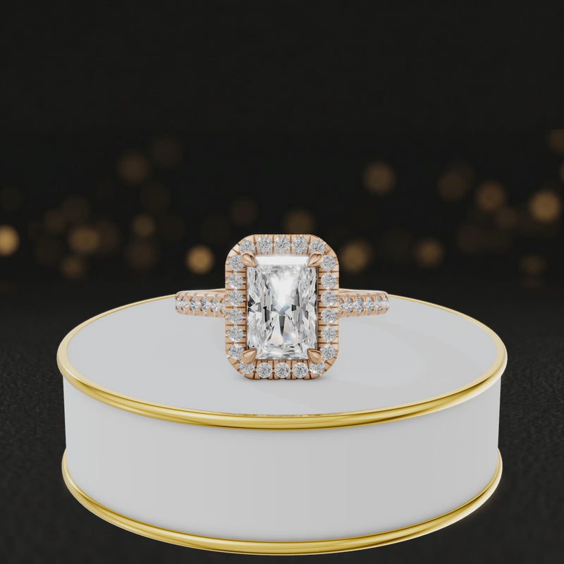360° video of a Radiant Cut Halo Lab-Grown Diamond Engagement Ring in 18kt Rose Gold featuring a radiant-cut centre diamond, sparkling diamond halo and diamond-set shoulders.