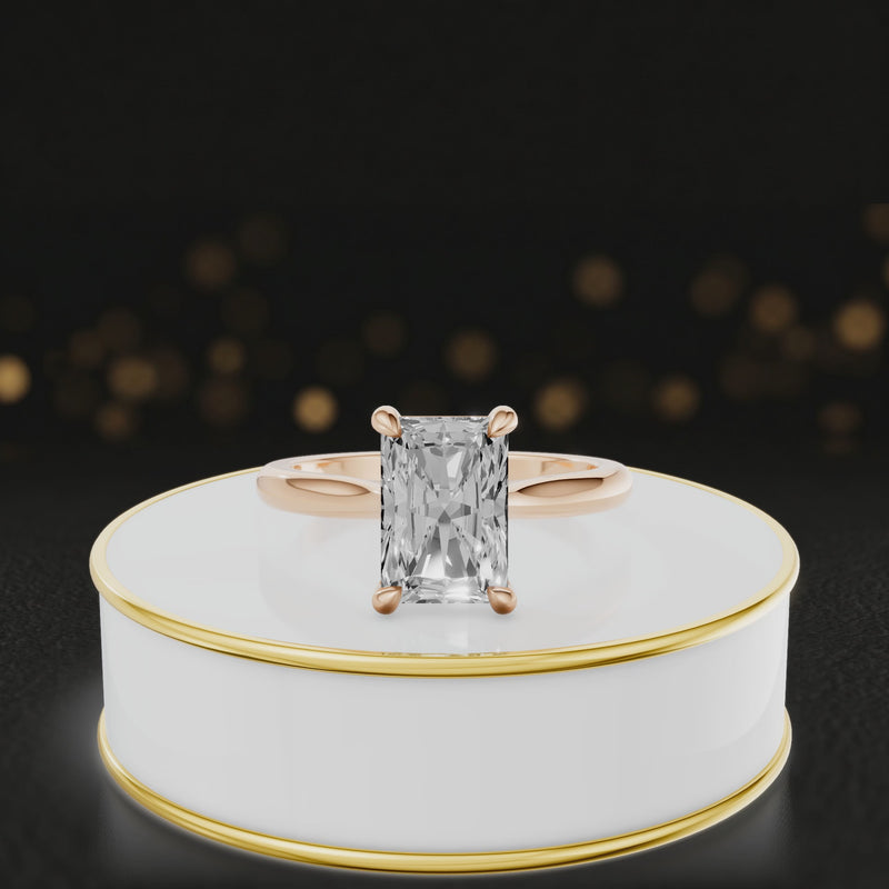 360-degree rotating view of a radiant cut diamond solitaire engagement ring in an 18kt rose gold 4 claw setting by TJ Diamond