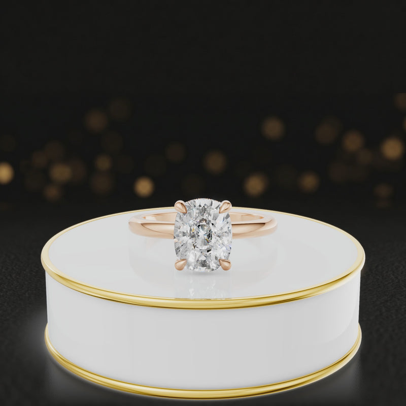 360 degree spinning video of 4-claw cushion cut engagement ring with hidden halo in 18kt rose gold by TJ Diamond.