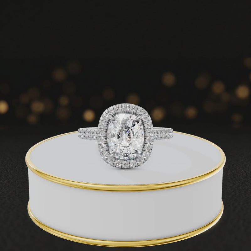360° video of a Cushion Cut Halo Lab-Grown Diamond Engagement Ring in 18kt White Gold featuring a cushion-cut centre diamond, sparkling diamond halo and diamond-set shoulders.