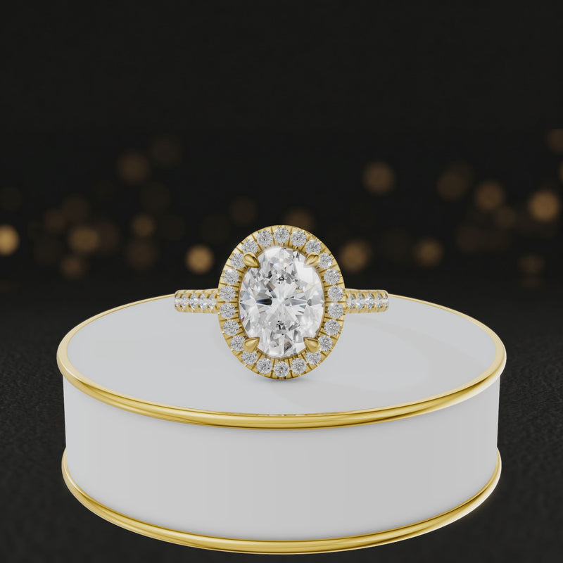 360° video of an Oval Cut Halo Lab-Grown Diamond Engagement Ring in 18kt Yellow Gold featuring an oval-cut centre diamond, sparkling diamond halo and diamond-set shoulders.