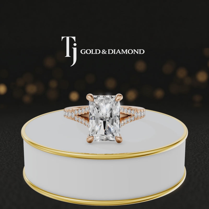 360° product view of a radiant cut split shank lab-grown diamond engagement ring in 18kt rose gold featuring a radiant-cut centre diamond, classic four-claw cathedral setting and diamond-set split shank.