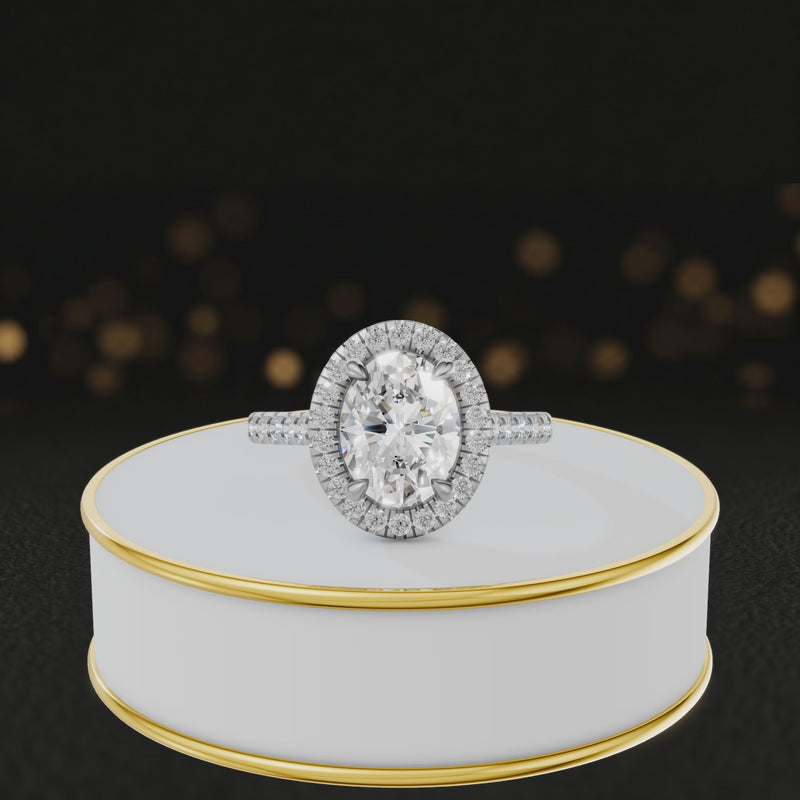 360° video of an Oval Cut Halo Lab-Grown Diamond Engagement Ring in 18kt White Gold featuring an oval-cut centre diamond, sparkling diamond halo and diamond-set shoulders.