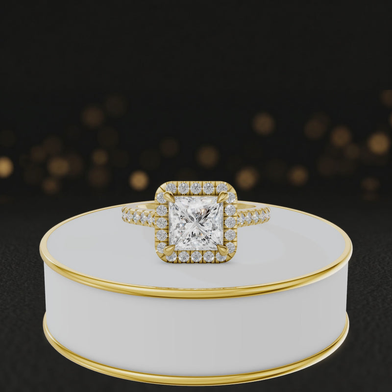 360° video of a Princess Cut Halo Lab-Grown Diamond Engagement Ring in 18kt Yellow Gold featuring a princess-cut centre diamond, sparkling diamond halo and diamond-set shoulders.