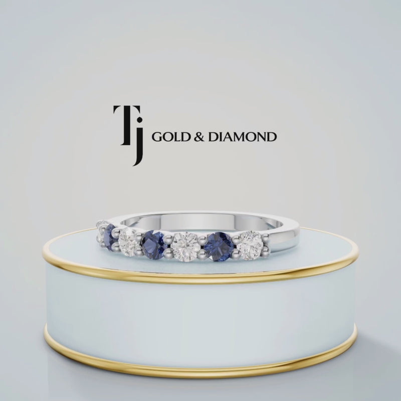 360° product view of an Alternating Lab-Created Sapphire & Lab-Grown Diamond Half Eternity Ring in 18kt white gold.