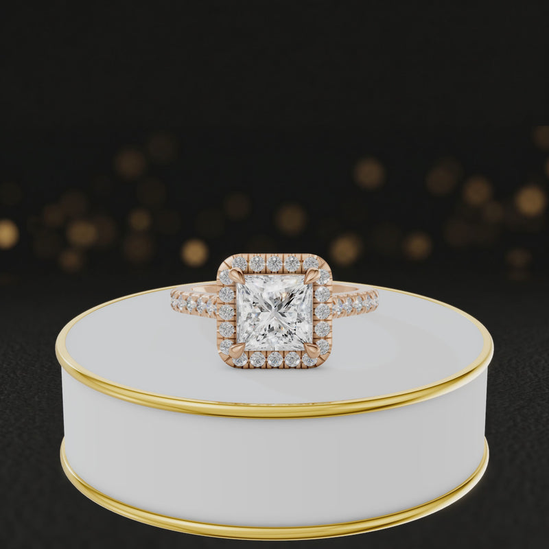 360° video of a Princess Cut Halo Lab-Grown Diamond Engagement Ring in 18kt Rose Gold featuring a princess-cut centre diamond, sparkling diamond halo and diamond-set shoulders.