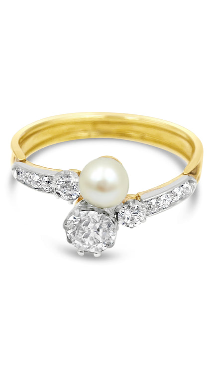 Ring set with round brilliant diamonds and accent pearl  - Yellow Gold - Bodega