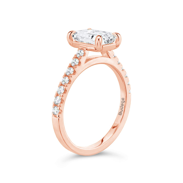 Emerald Solitaire Ring with Pave shoulders- Rose Gold - Bodega
