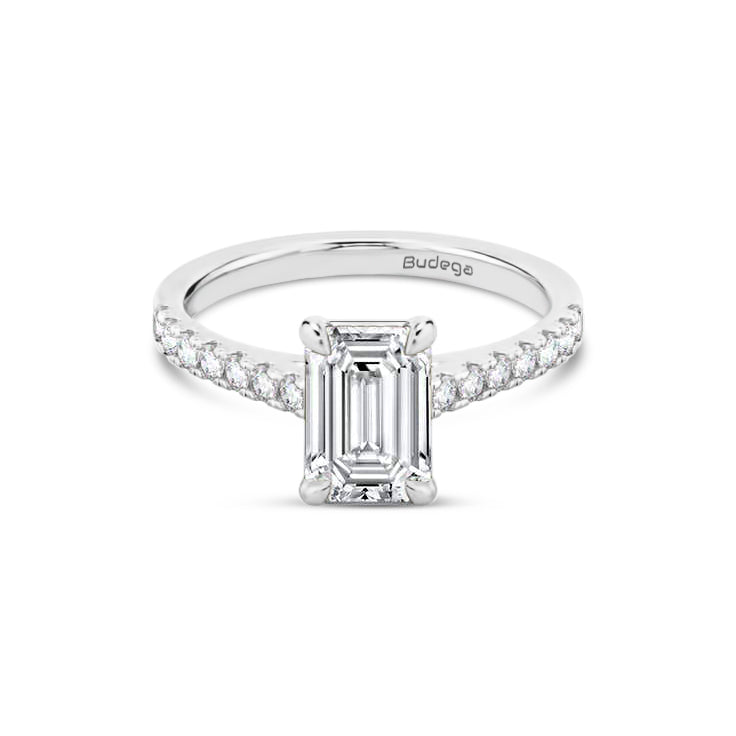Emerald Solitaire Ring with Pave shoulders- Platinum - Bodega