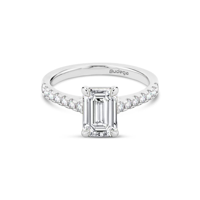 Emerald Solitaire Ring with Pave shoulders- Platinum - Bodega