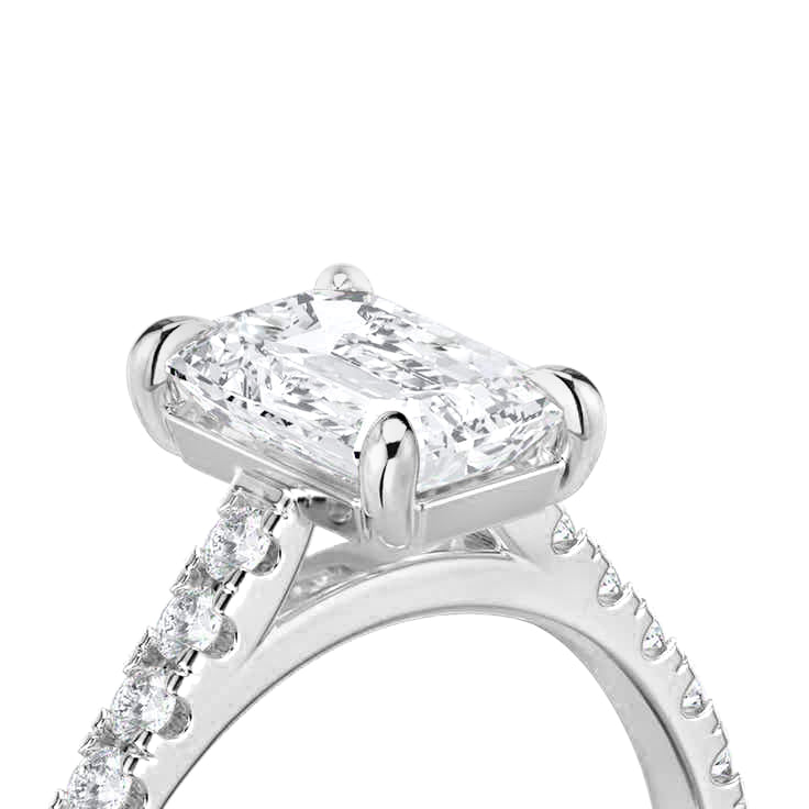 Emerald Solitaire Ring with Pave shoulders- Platinum - Bodega