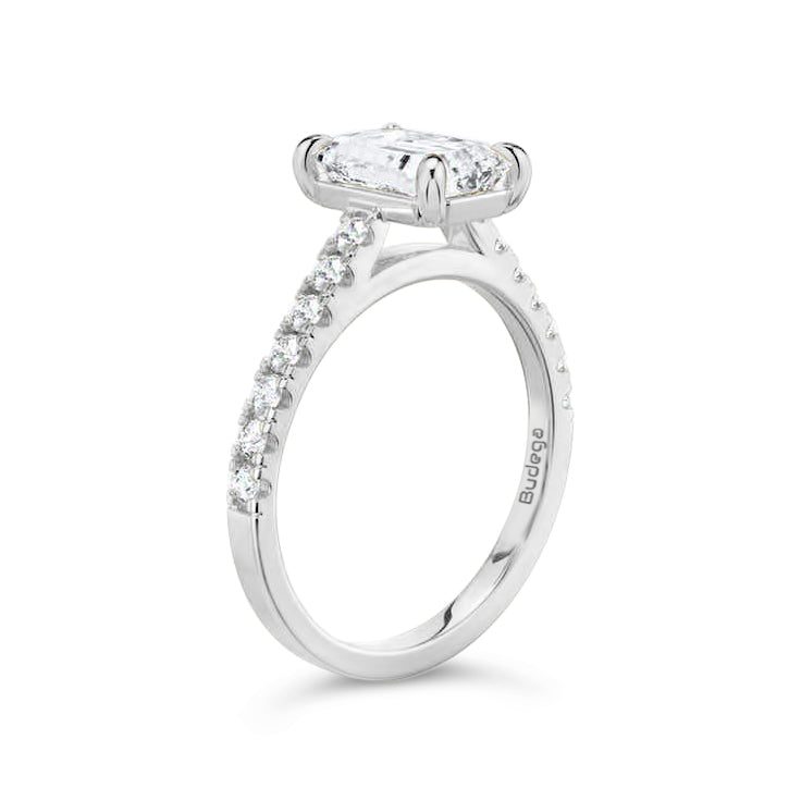 Emerald Solitaire Ring with Pave shoulders- Platinum - Bodega