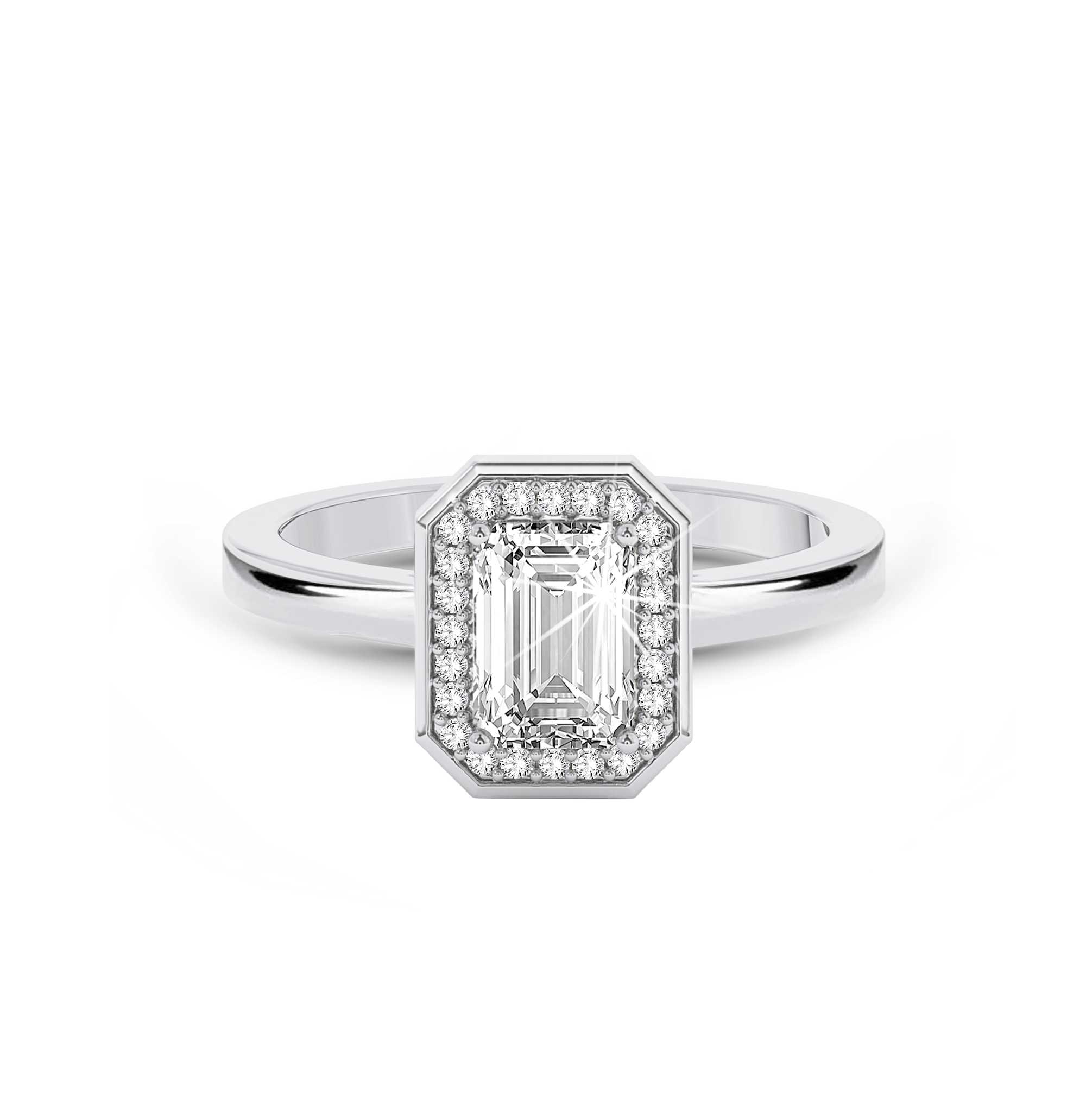 Bezel Set Emerald Cut halo Ring - Platinum - Bodega