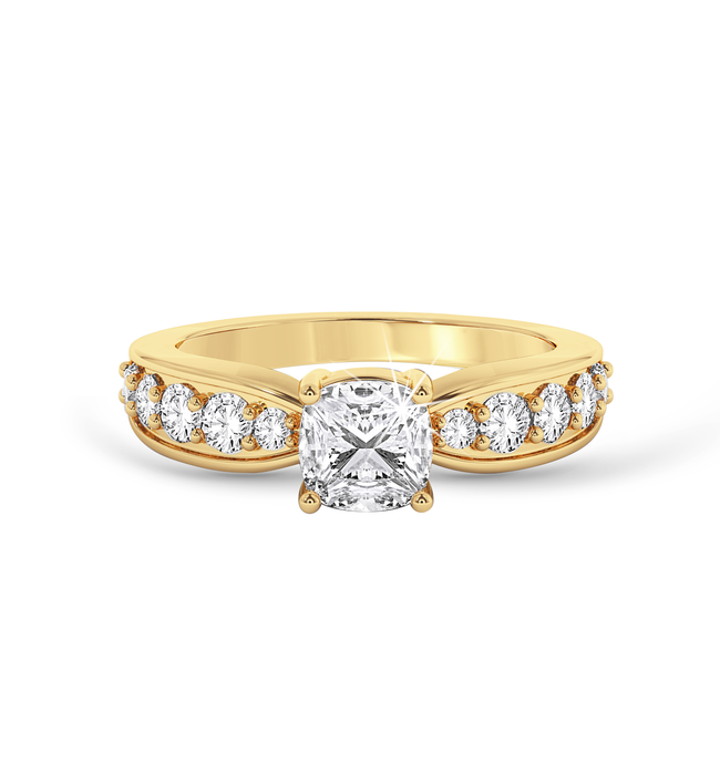 Cushion Cut ring with graduated shoulder stones- Yellow Gold - Bodega