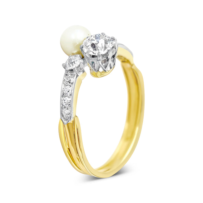 Ring set with round brilliant diamonds and accent pearl  - Yellow Gold - Bodega